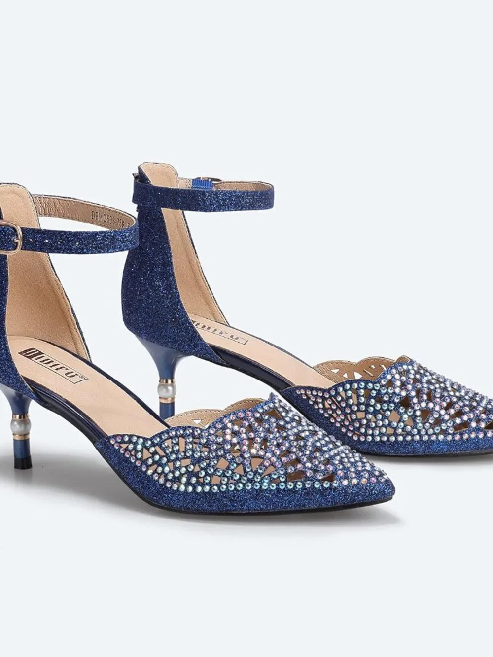 Women's Blue Glitter Rhinestones Low Kitten Heels Pumps Evening Dress Shoes